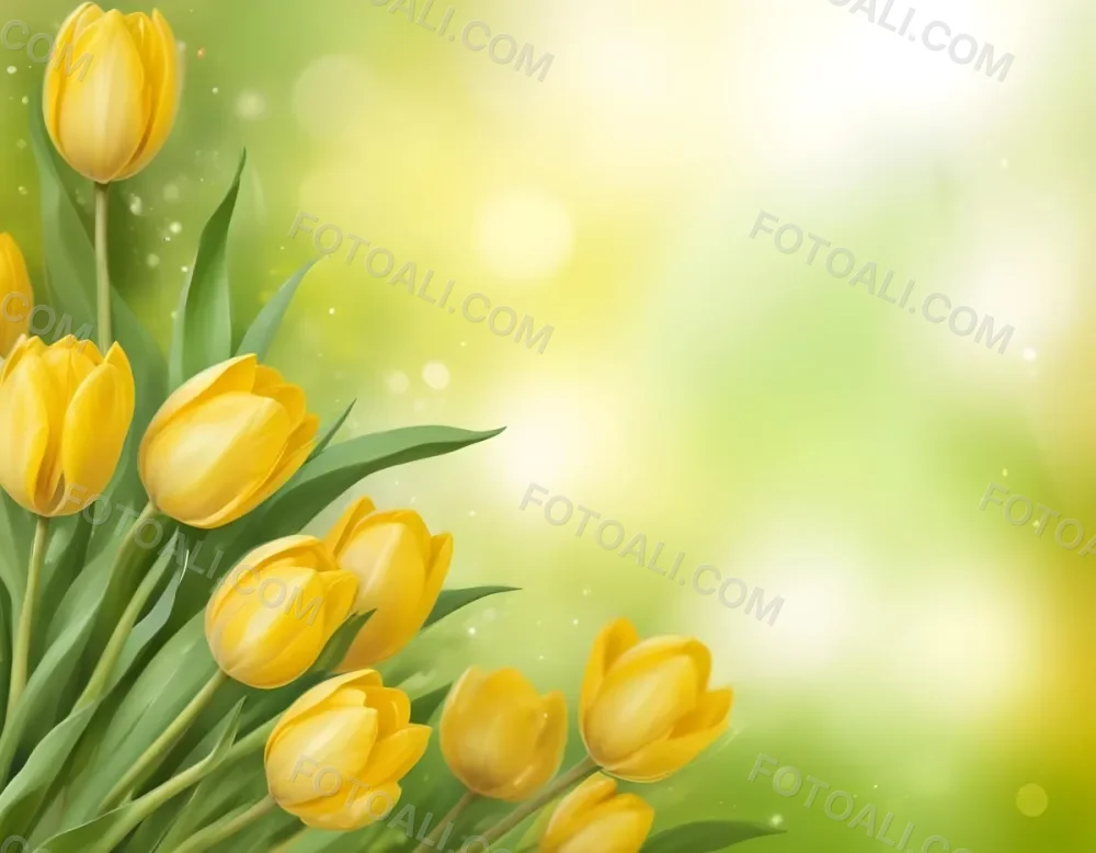 Yellow Tulips With Green Leaves In The Right Corner Bokeh Effect Bright Light In The Upper Right Corner Spring Background 75 Ca5d