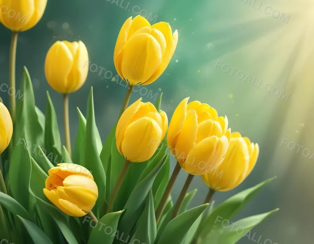 Yellow Tulips With Green Leaves In The Right Corner Bokeh Effect Bright Light In The Upper Right Corner Spring Background 76 7edf