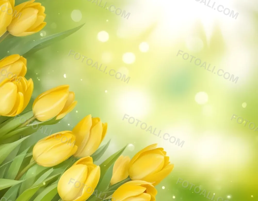 Yellow Tulips With Green Leaves In The Right Corner Bokeh Effect Bright Light In The Upper Right Corner Spring Background 77 0eb2
