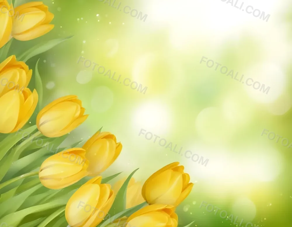 Yellow Tulips With Green Leaves In The Right Corner Bokeh Effect Bright Light In The Upper Right Corner Spring Background 78 7679