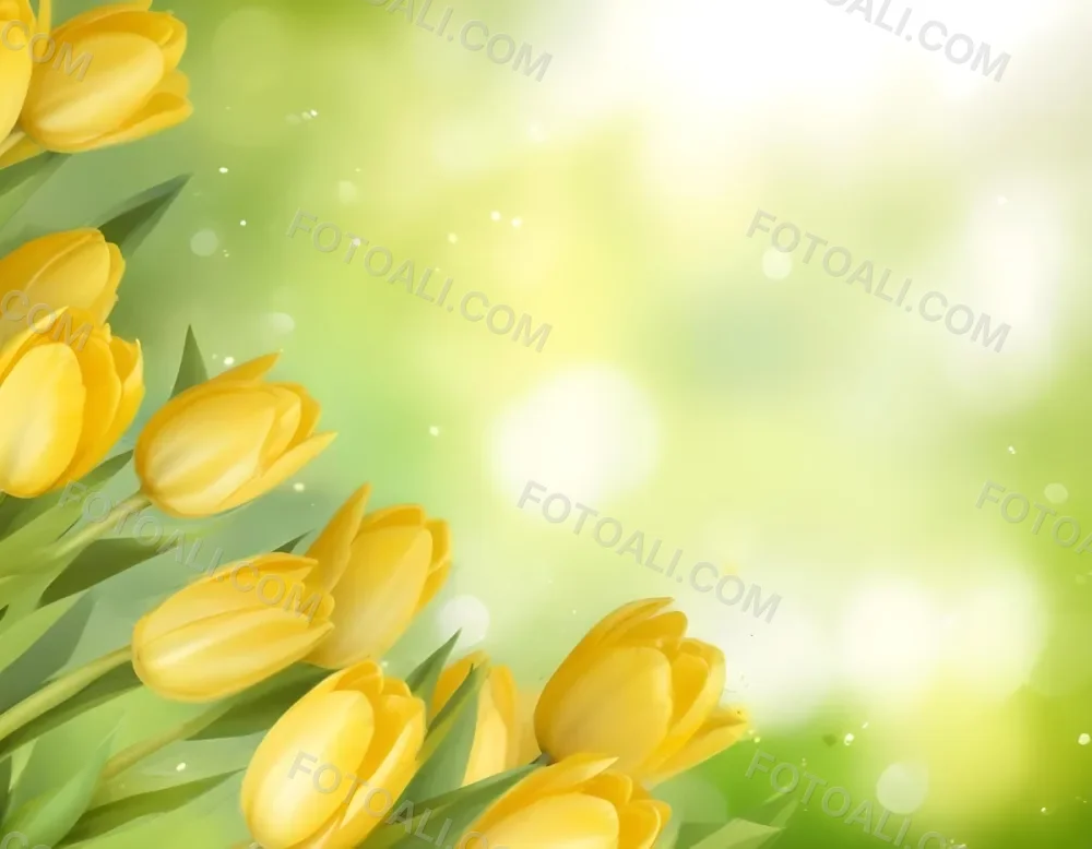 Yellow Tulips With Green Leaves In The Right Corner Bokeh Effect Bright Light In The Upper Right Corner Spring Background 79 Fde2