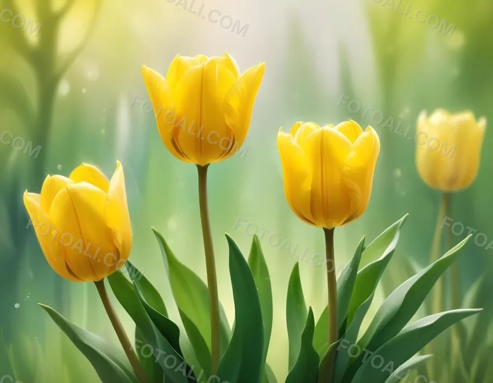 Yellow Tulips With Green Leaves In The Right Corner Bokeh Effect Bright Light In The Upper Right Corner Spring Background 8 Bdab