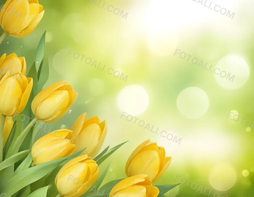 Yellow Tulips With Green Leaves In The Right Corner Bokeh Effect Bright Light In The Upper Right Corner Spring Background 80 35cf