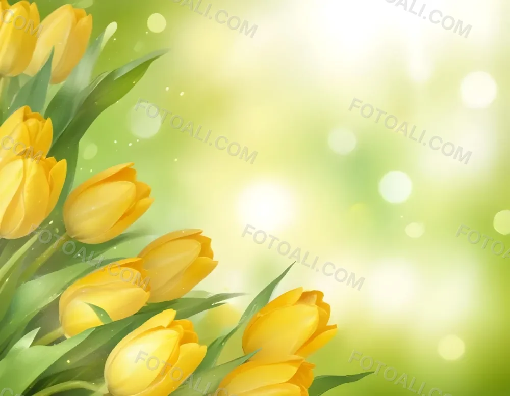 Yellow Tulips With Green Leaves In The Right Corner Bokeh Effect Bright Light In The Upper Right Corner Spring Background 81 8afd
