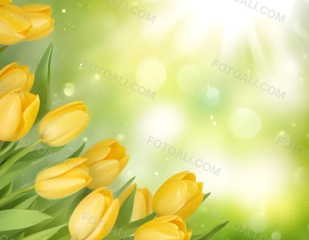 Yellow Tulips With Green Leaves In The Right Corner Bokeh Effect Bright Light In The Upper Right Corner Spring Background 82 C5d8