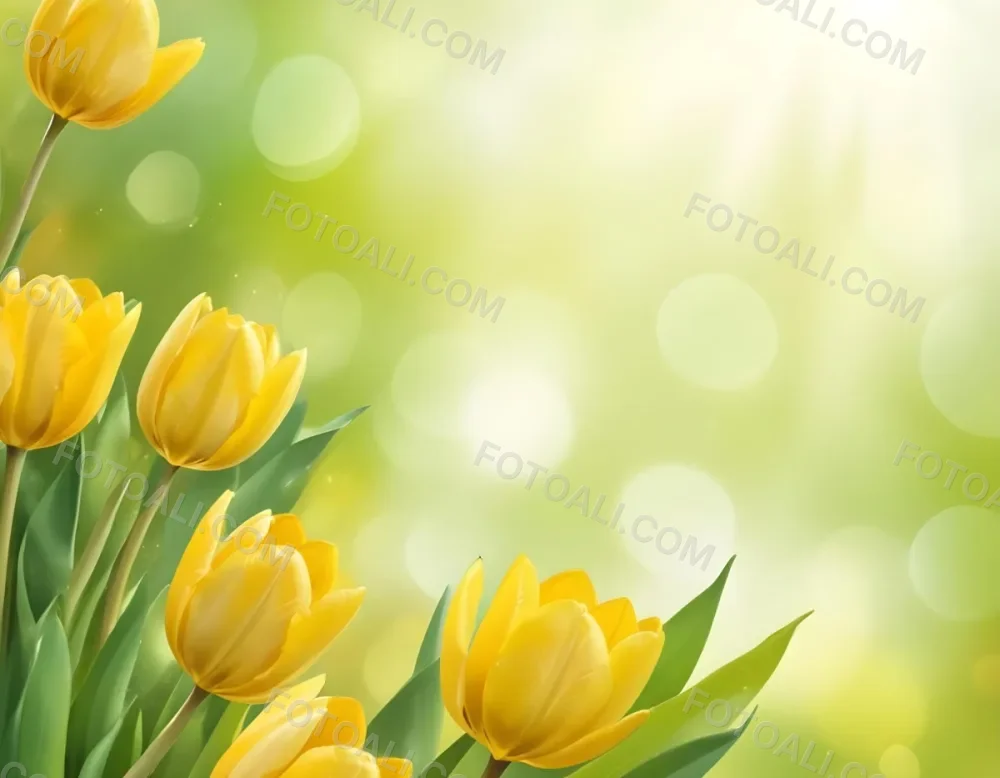 Yellow Tulips With Green Leaves In The Right Corner Bokeh Effect Bright Light In The Upper Right Corner Spring Background 84 13f8