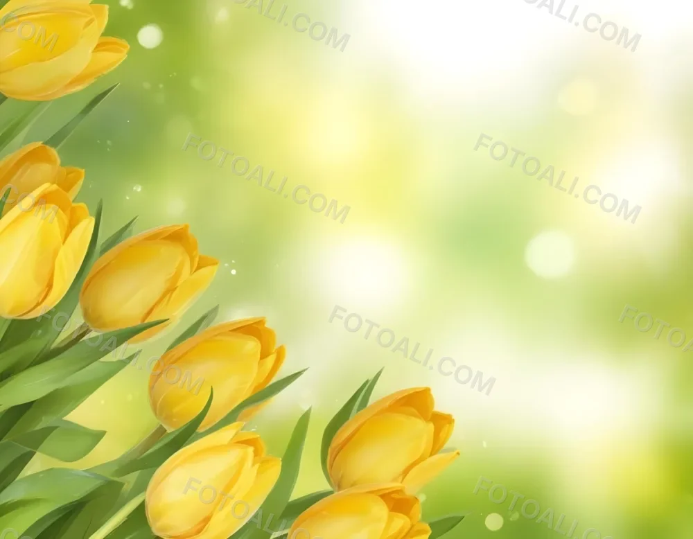 Yellow Tulips With Green Leaves In The Right Corner Bokeh Effect Bright Light In The Upper Right Corner Spring Background 85 4c2f