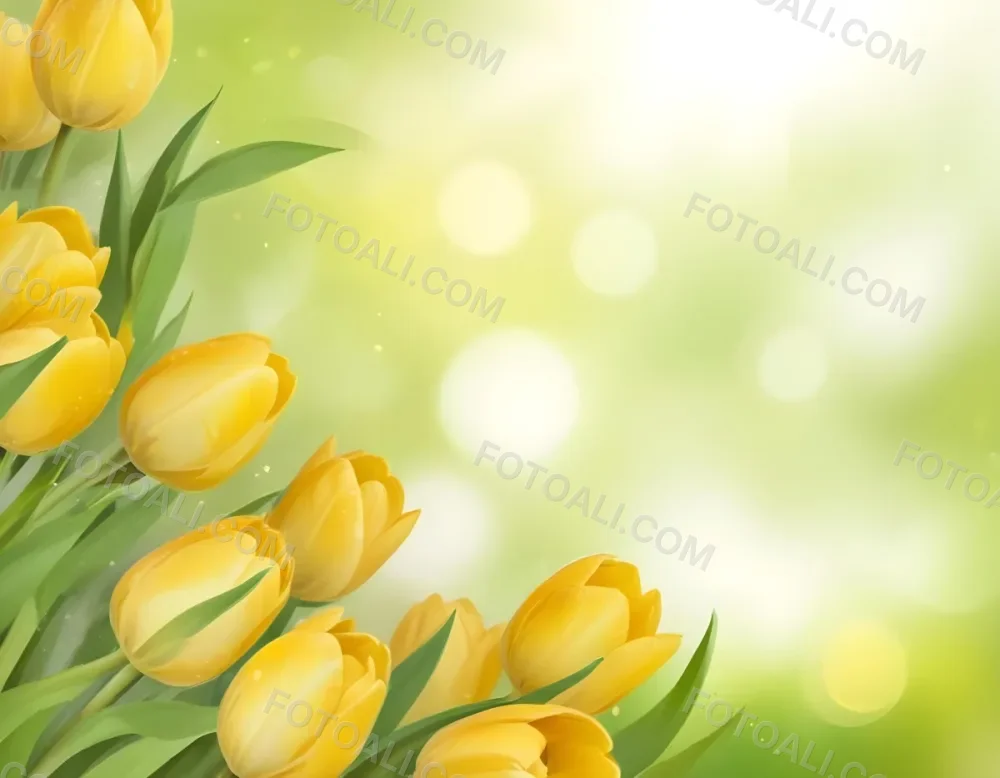 Yellow Tulips With Green Leaves In The Right Corner Bokeh Effect Bright Light In The Upper Right Corner Spring Background 89 41dd