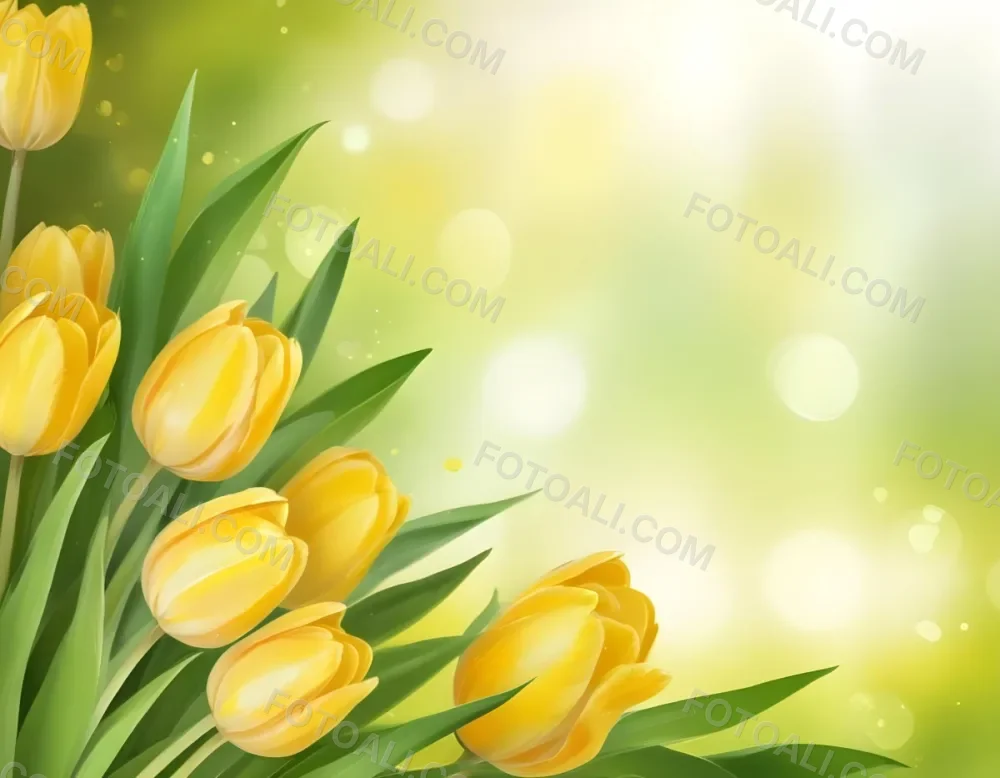 Yellow Tulips With Green Leaves In The Right Corner Bokeh Effect Bright Light In The Upper Right Corner Spring Background 9 96e6