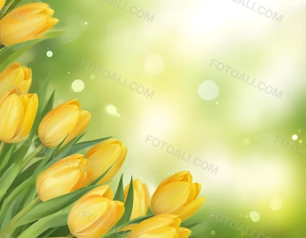 Yellow Tulips With Green Leaves In The Right Corner Bokeh Effect Bright Light In The Upper Right Corner Spring Background 90 F011