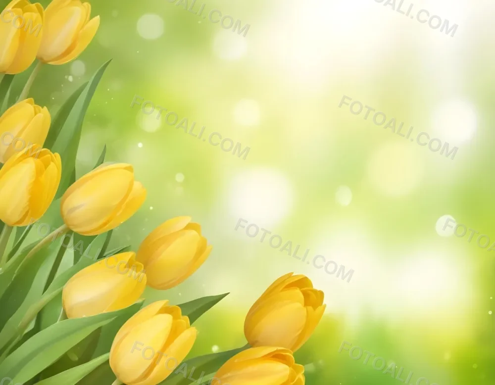 Yellow Tulips With Green Leaves In The Right Corner Bokeh Effect Bright Light In The Upper Right Corner Spring Background 91 Ab5b