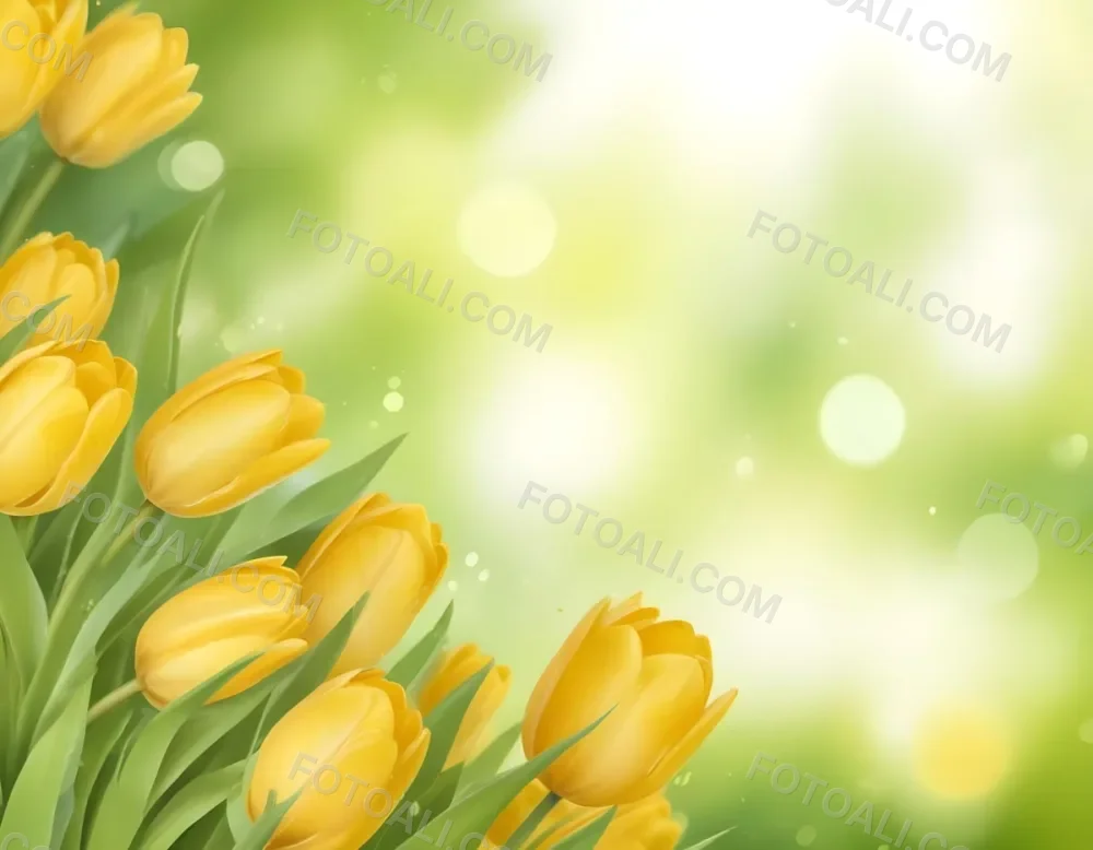Yellow Tulips With Green Leaves In The Right Corner Bokeh Effect Bright Light In The Upper Right Corner Spring Background 93 7f14