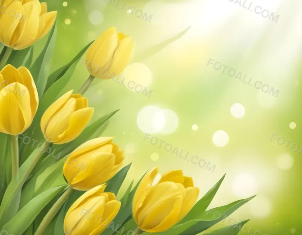 Yellow Tulips With Green Leaves In The Right Corner Bokeh Effect Bright Light In The Upper Right Corner Spring Background 95 6158