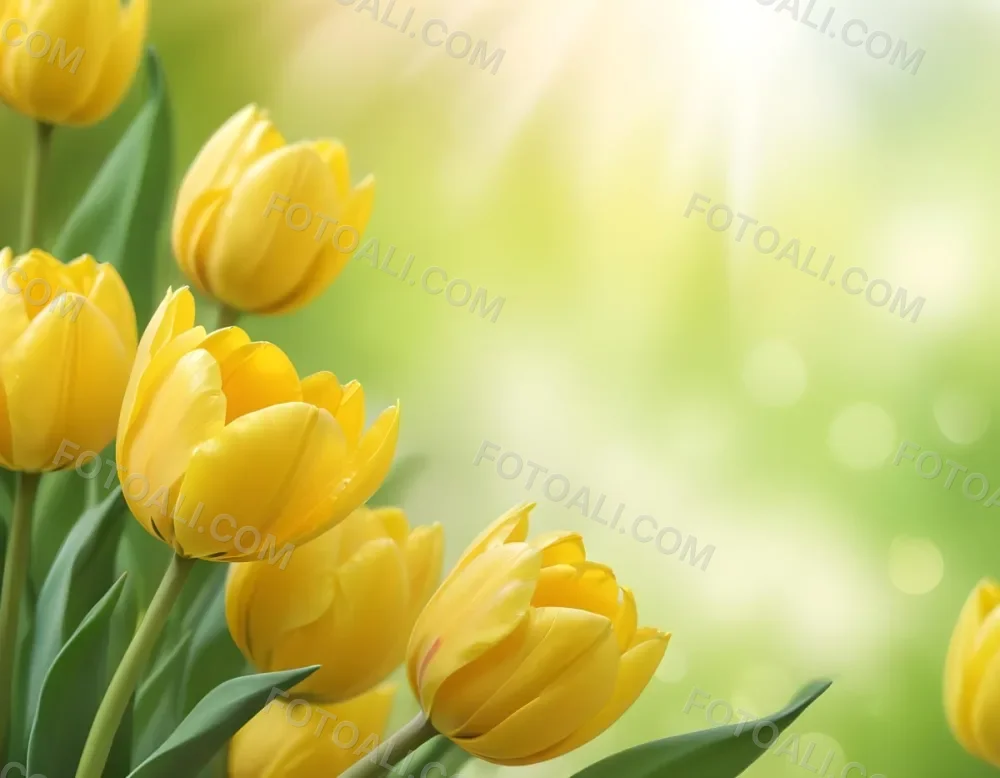 Yellow Tulips With Green Leaves In The Right Corner Bokeh Effect Bright Light In The Upper Right Corner Spring Background 96 B051