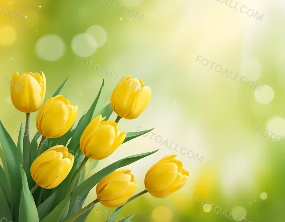 Yellow Tulips With Green Leaves In The Right Corner Bokeh Effect Bright Light In The Upper Right Corner Spring Background 97 2b75