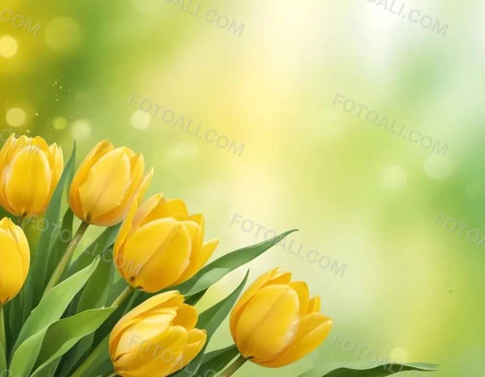 Yellow Tulips With Green Leaves In The Right Corner Bokeh Effect Bright Light In The Upper Right Corner Spring Background 98 Ca19