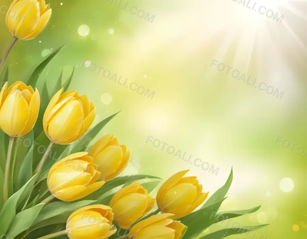 Yellow Tulips With Green Leaves In The Right Corner Bokeh Effect Bright Light In The Upper Right Corner Spring Background 99 C2f7