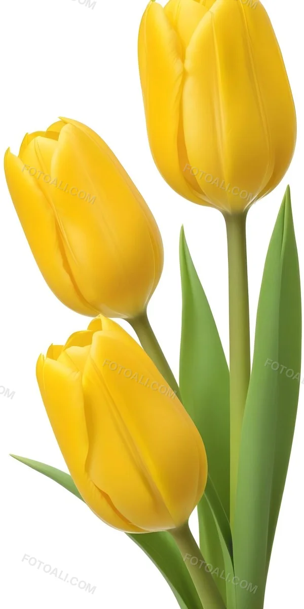 Yellow Tulips With Green Stems And Leaves Against 25 0996