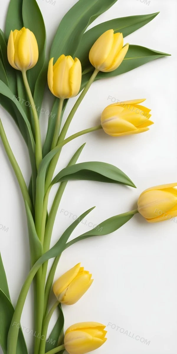Yellow Tulips With Green Stems And Leaves Against 32 0c7f
