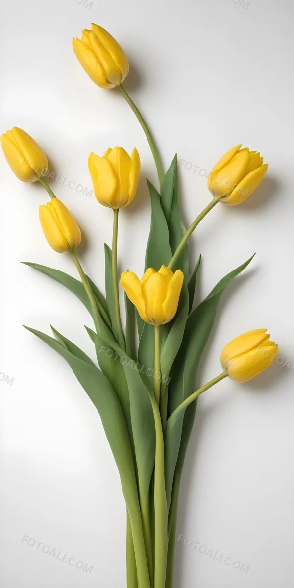 Yellow Tulips With Green Stems And Leaves Against 33 F5ac