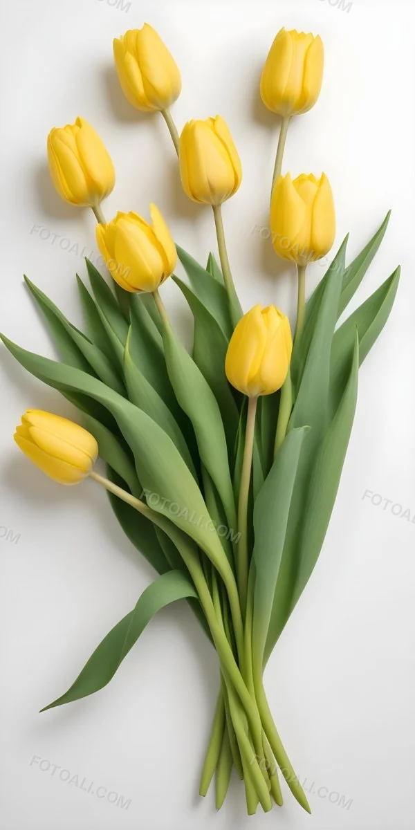 Yellow Tulips With Green Stems And Leaves Against 34 3415