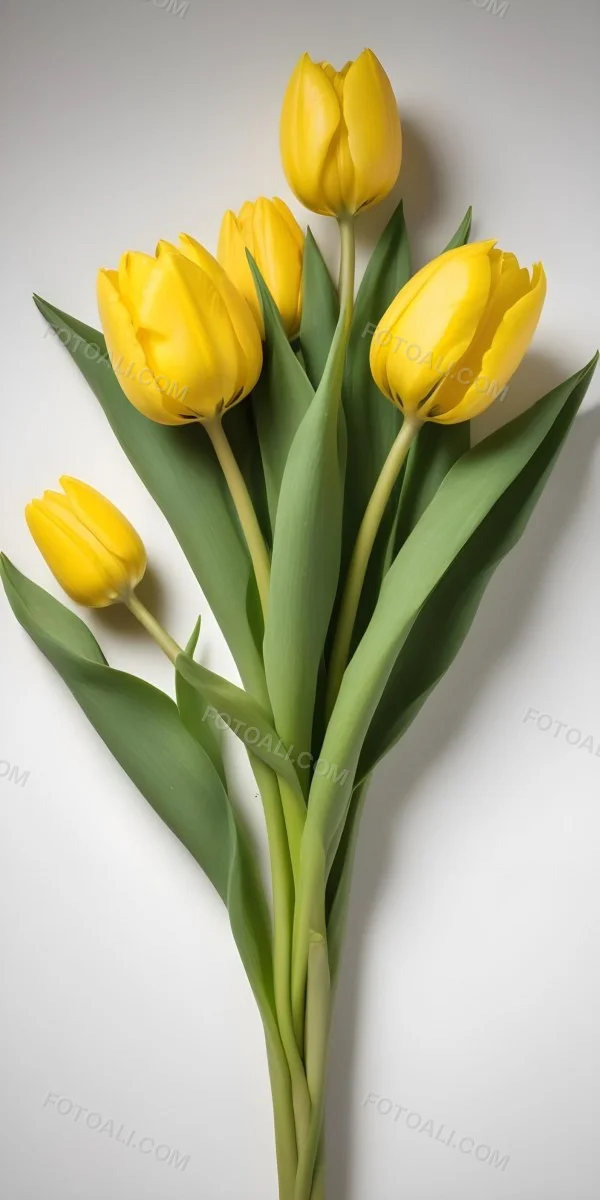 Yellow Tulips With Green Stems And Leaves Against 37 89f2
