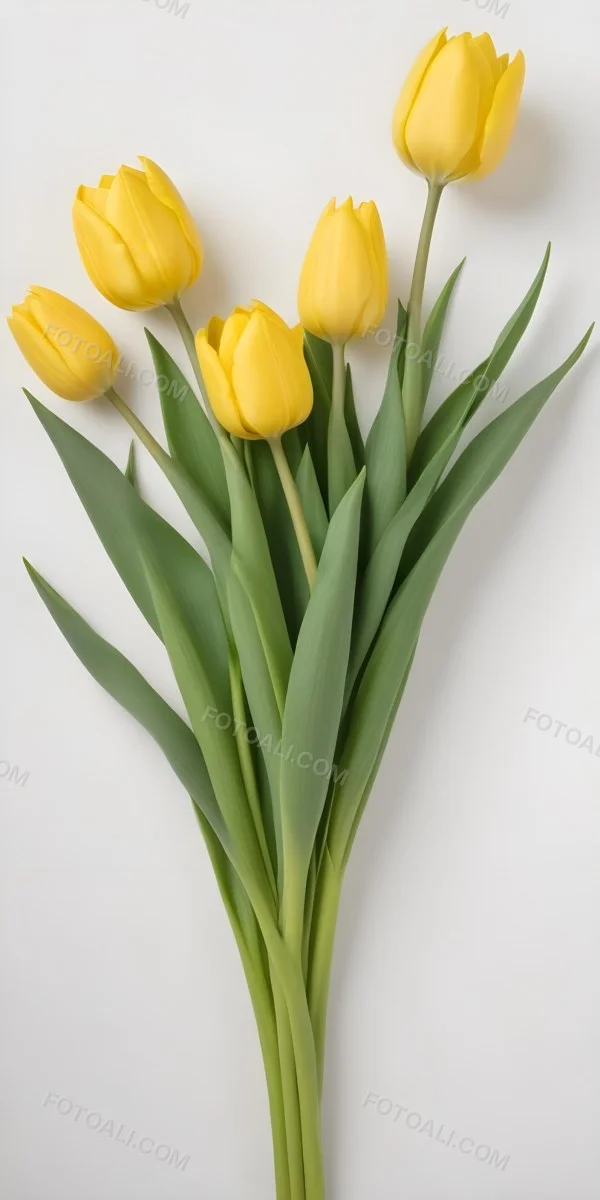 Yellow Tulips With Green Stems And Leaves Against 38 Da07