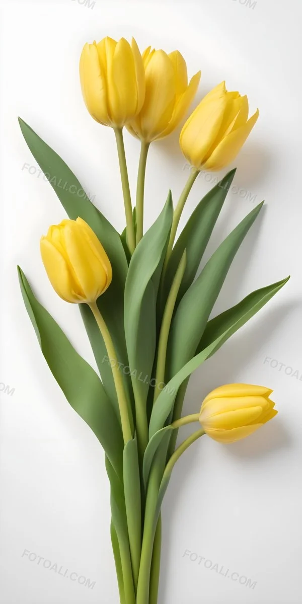 Yellow Tulips With Green Stems And Leaves Against 40 E0ae