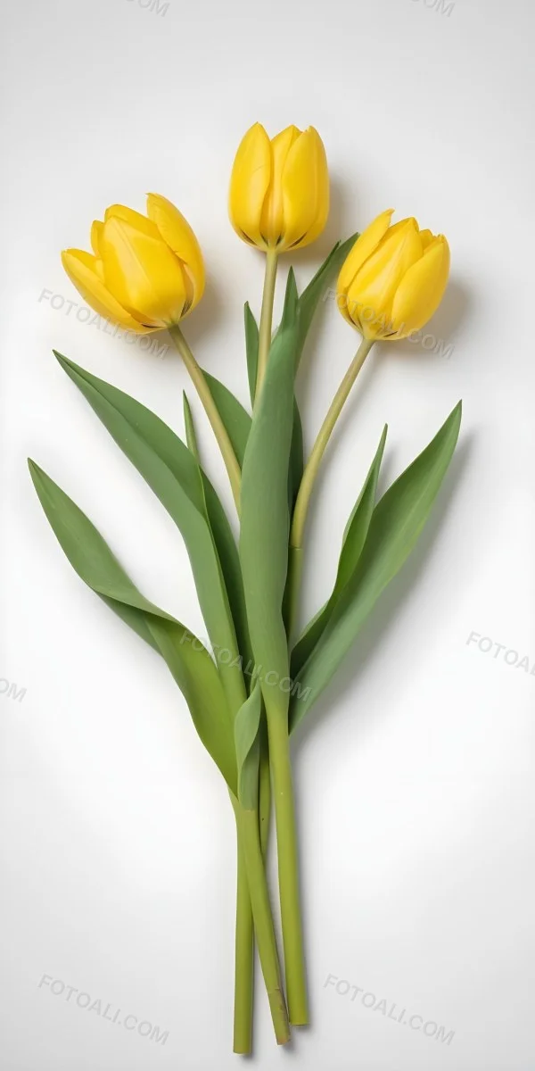 Yellow Tulips With Green Stems And Leaves Against 41 08c4