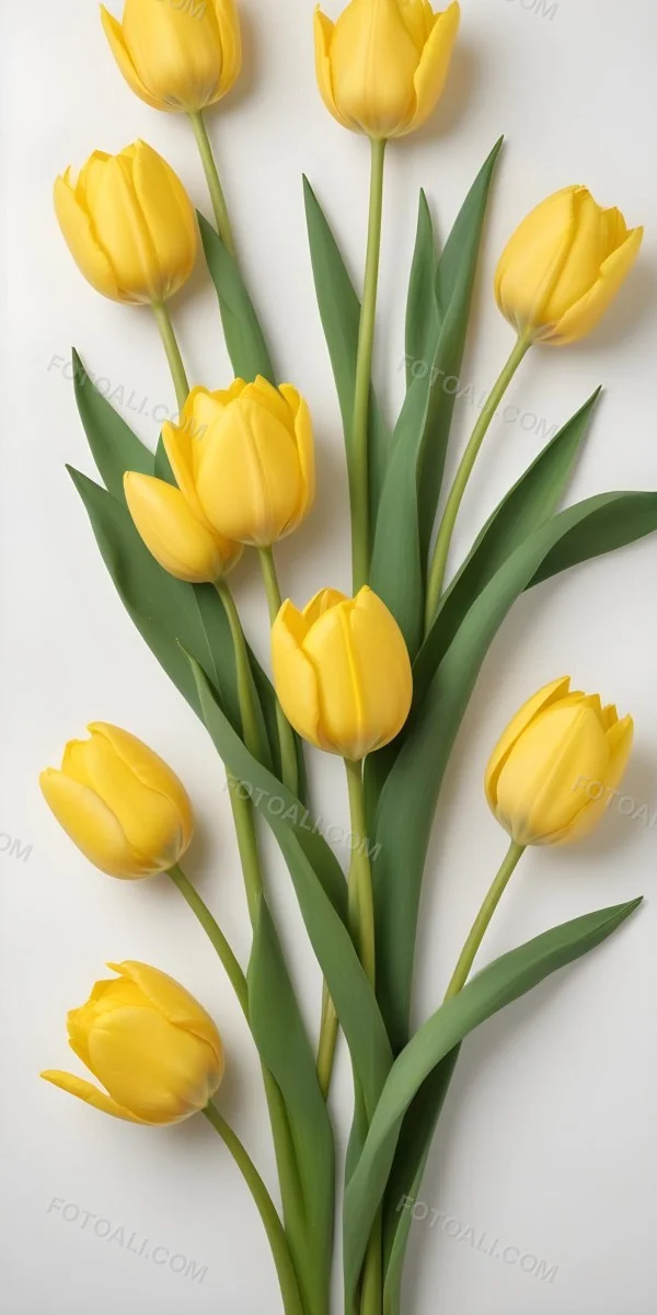 Yellow Tulips With Green Stems And Leaves Against 43 B31b
