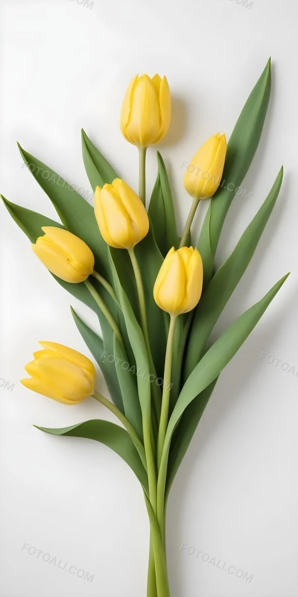 Yellow Tulips With Green Stems And Leaves Against 44 D04c