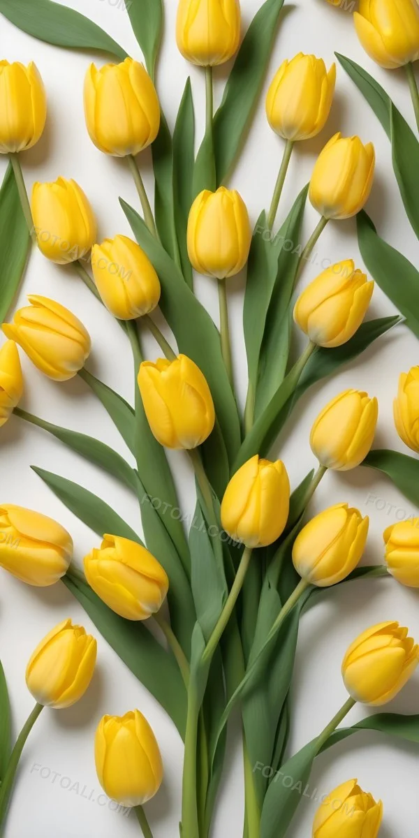 Yellow Tulips With Green Stems And Leaves Against 46 Dd25