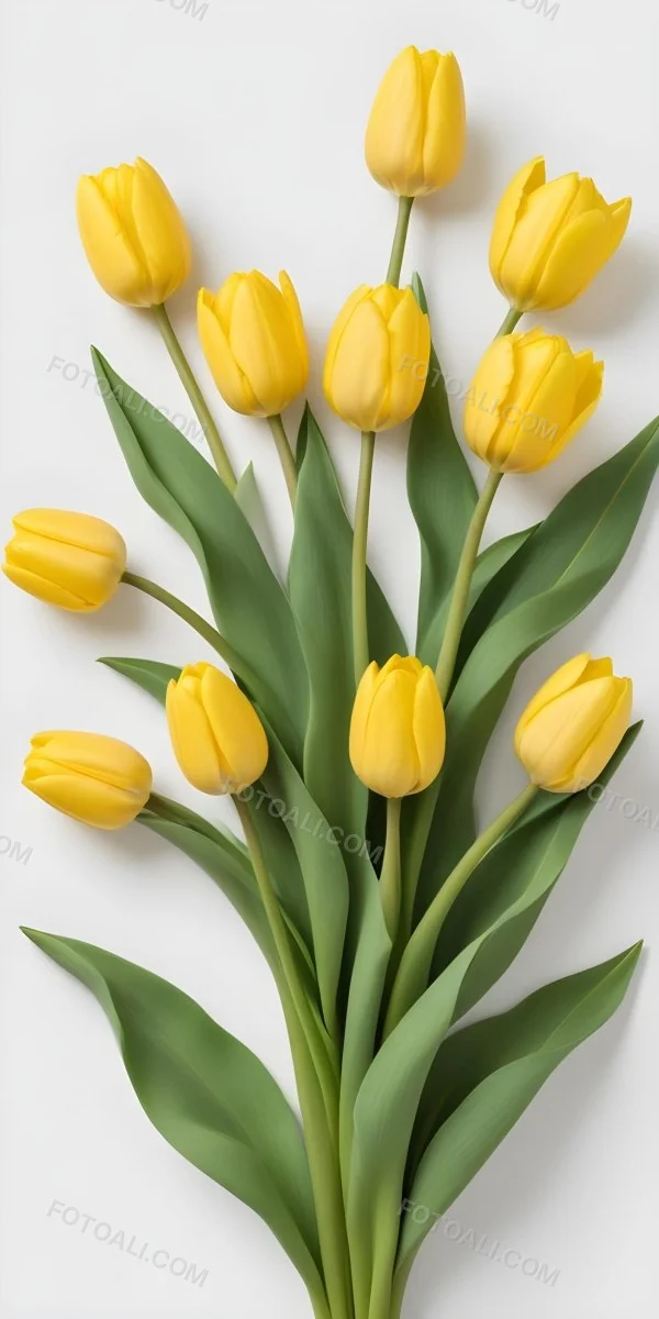 Yellow Tulips With Green Stems And Leaves Against 48 5e8e
