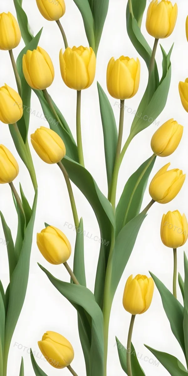 Yellow Tulips With Green Stems And Leaves Against 49 Be86