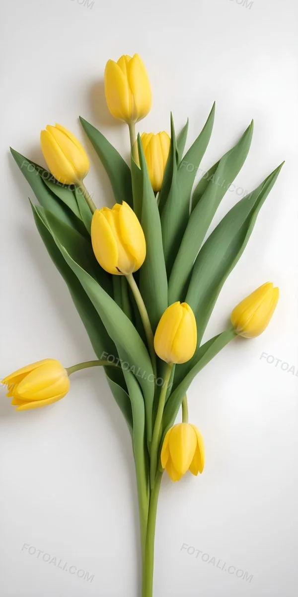 Yellow Tulips With Green Stems And Leaves Against 7 Ad4b