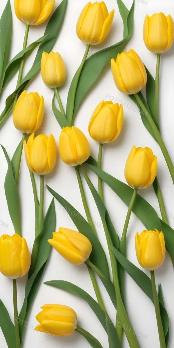 Yellow Tulips With Green Stems And Leaves Against 9 E948