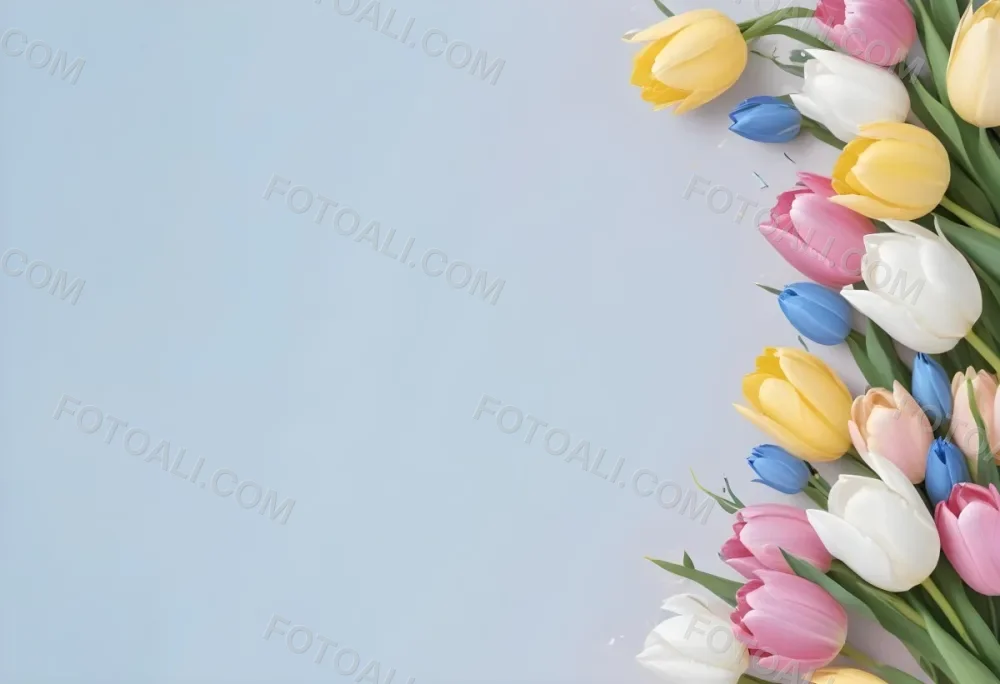 Yellow White And Blue Tulips And Lisianthus Flowers On The Right Side Of A Pink Background 10 B80e