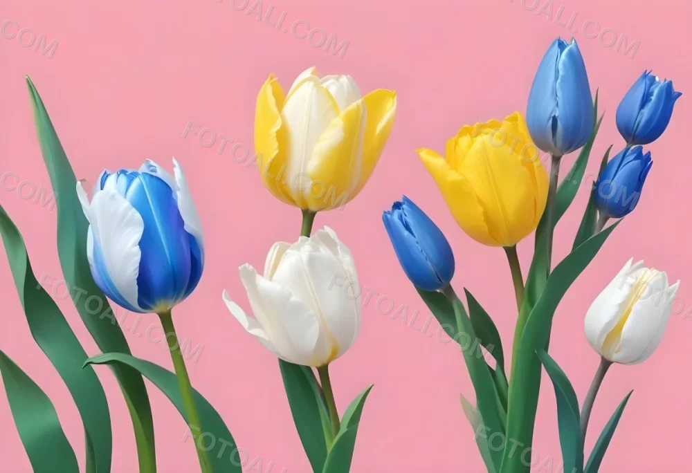 Yellow White And Blue Tulips And Lisianthus Flowers On The Right Side Of A Pink Background 11 B0ea