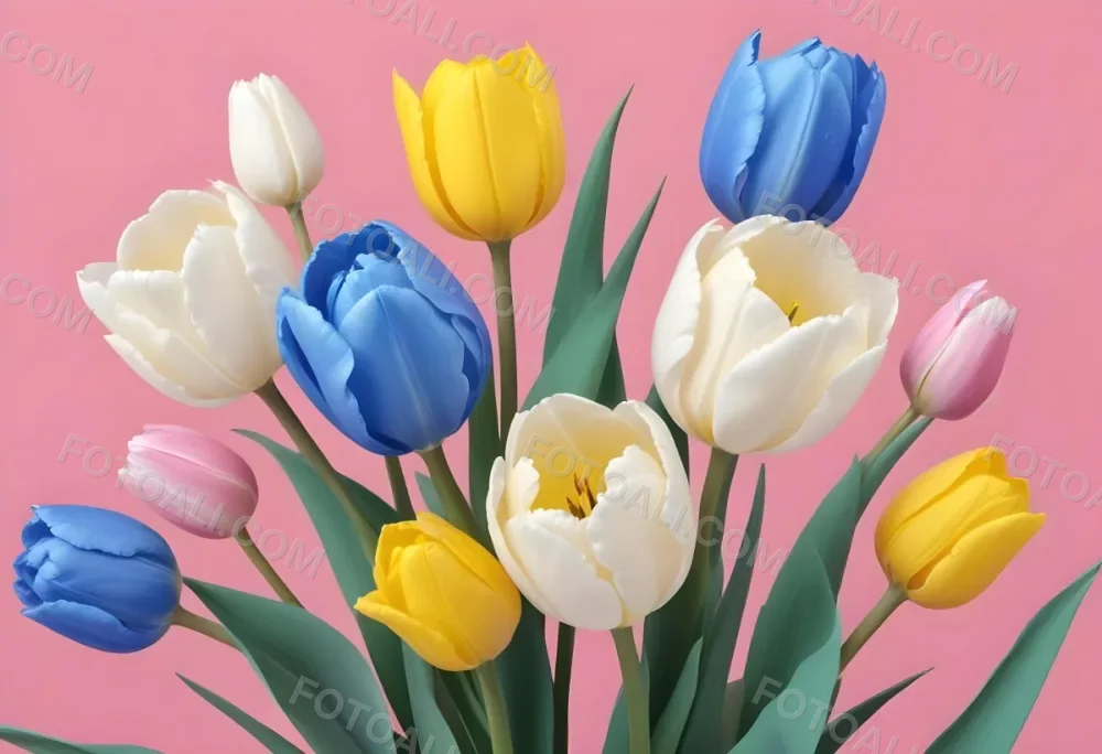 Yellow White And Blue Tulips And Lisianthus Flowers On The Right Side Of A Pink Background 12 427e