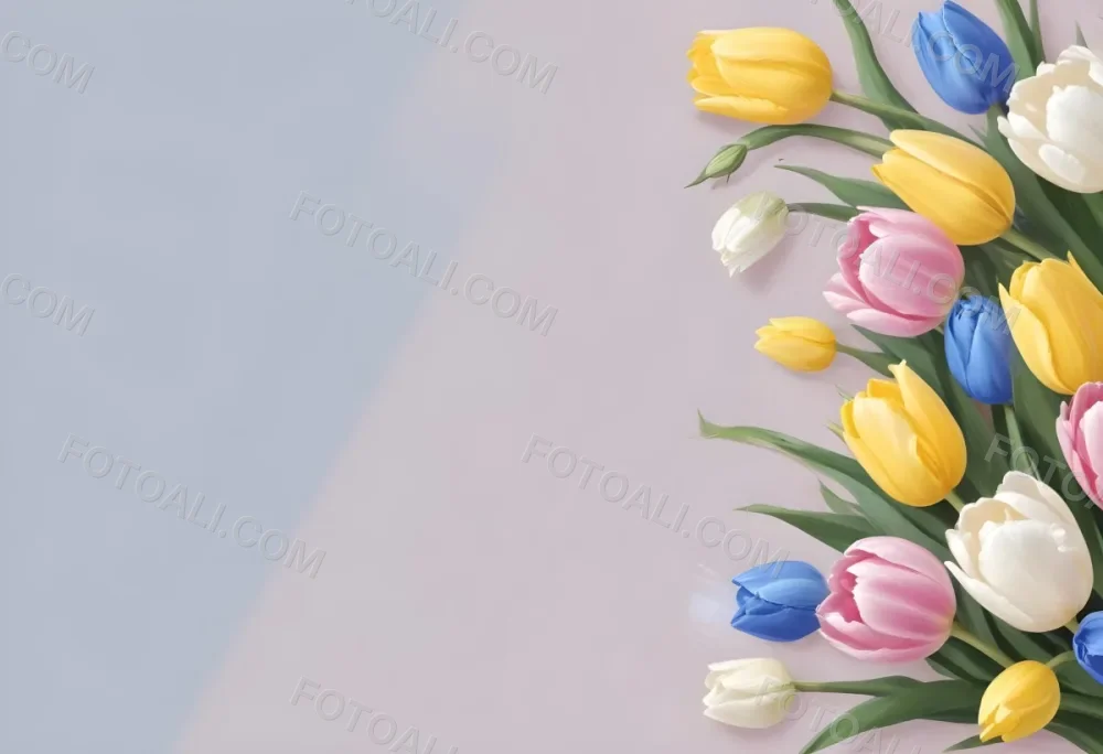 Yellow White And Blue Tulips And Lisianthus Flowers On The Right Side Of A Pink Background 13 95ed