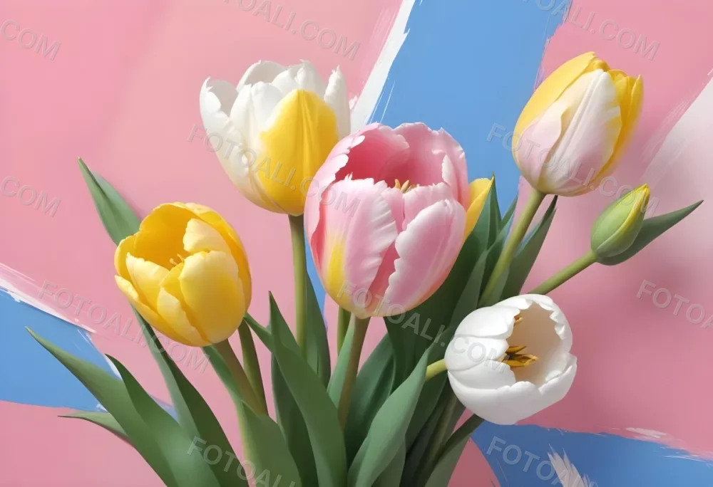 Yellow White And Blue Tulips And Lisianthus Flowers On The Right Side Of A Pink Background 14 Dd6a