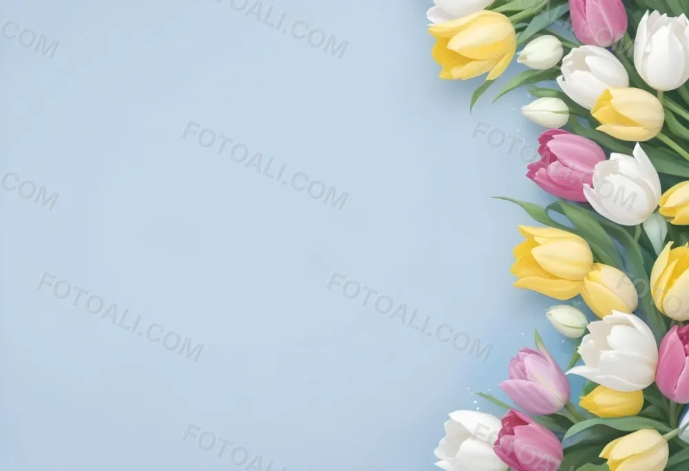 Yellow White And Blue Tulips And Lisianthus Flowers On The Right Side Of A Pink Background 2 F193