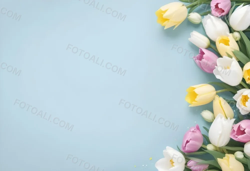 Yellow White And Blue Tulips And Lisianthus Flowers On The Right Side Of A Pink Background 3 8346