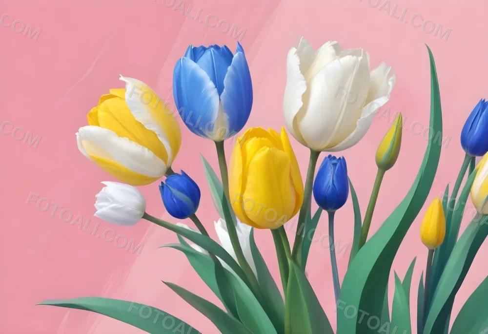 Yellow White And Blue Tulips And Lisianthus Flowers On The Right Side Of A Pink Background 4 7ab3