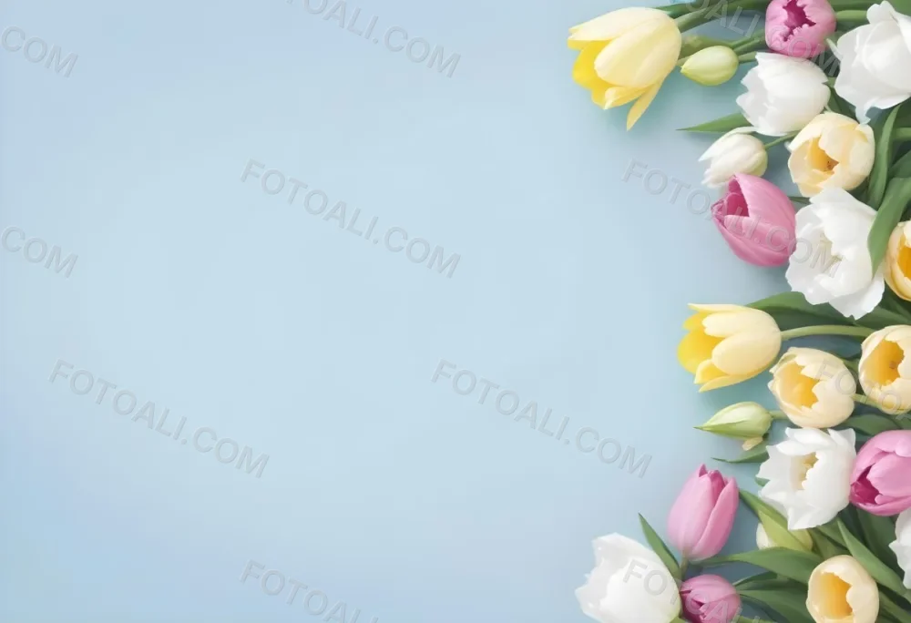 Yellow White And Blue Tulips And Lisianthus Flowers On The Right Side Of A Pink Background 5 2543