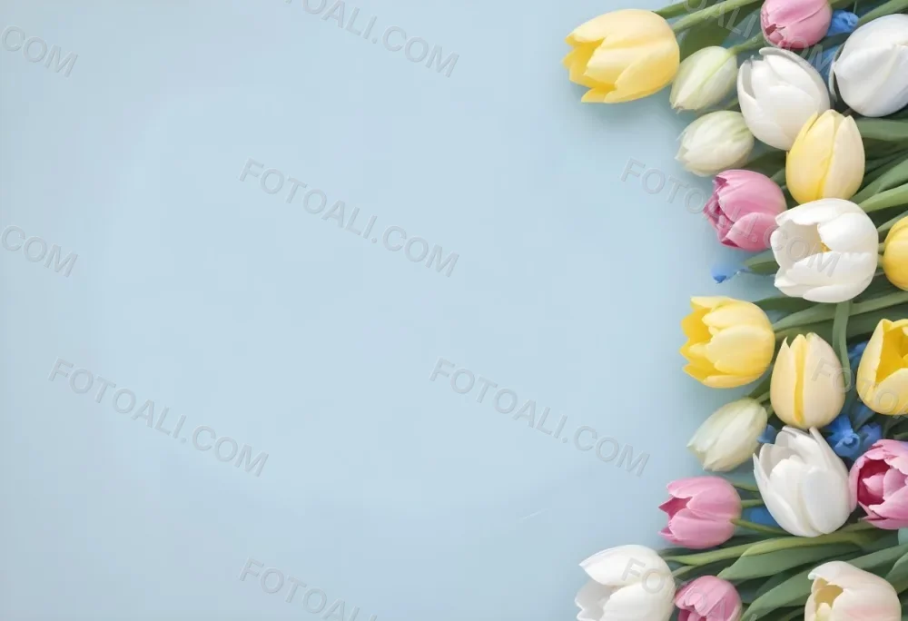 Yellow White And Blue Tulips And Lisianthus Flowers On The Right Side Of A Pink Background 6 84d4