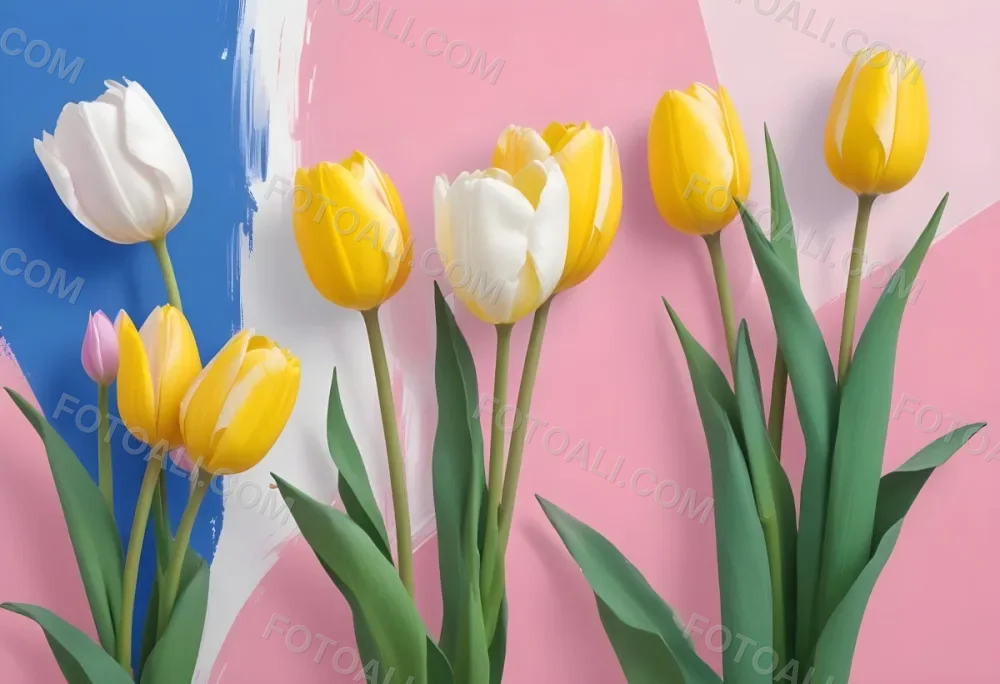 Yellow White And Blue Tulips And Lisianthus Flowers On The Right Side Of A Pink Background 7 2011