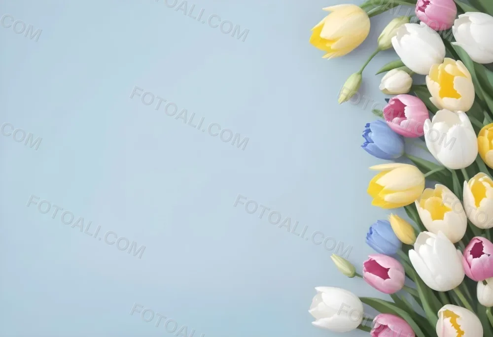 Yellow White And Blue Tulips And Lisianthus Flowers On The Right Side Of A Pink Background 8 38e8