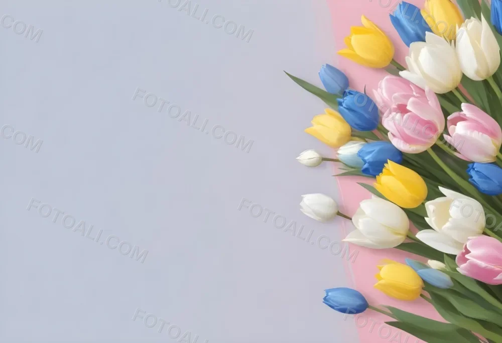 Yellow White And Blue Tulips And Lisianthus Flowers On The Right Side Of A Pink Background 9 6130