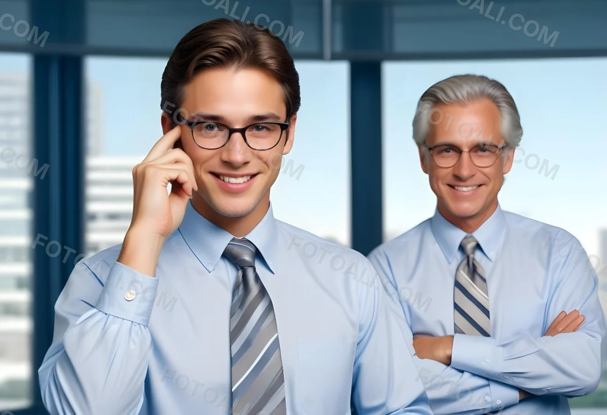 Young Adult Male With Light Skin And Dark Hair Wearing Glasses And A Light Blue Dress Shirt With A Gray Tie Smiling While Adjusting His Glasses An Older Male With Gray Hair Wearing A Light Blue Dress Shirt And A S 3 Efe1